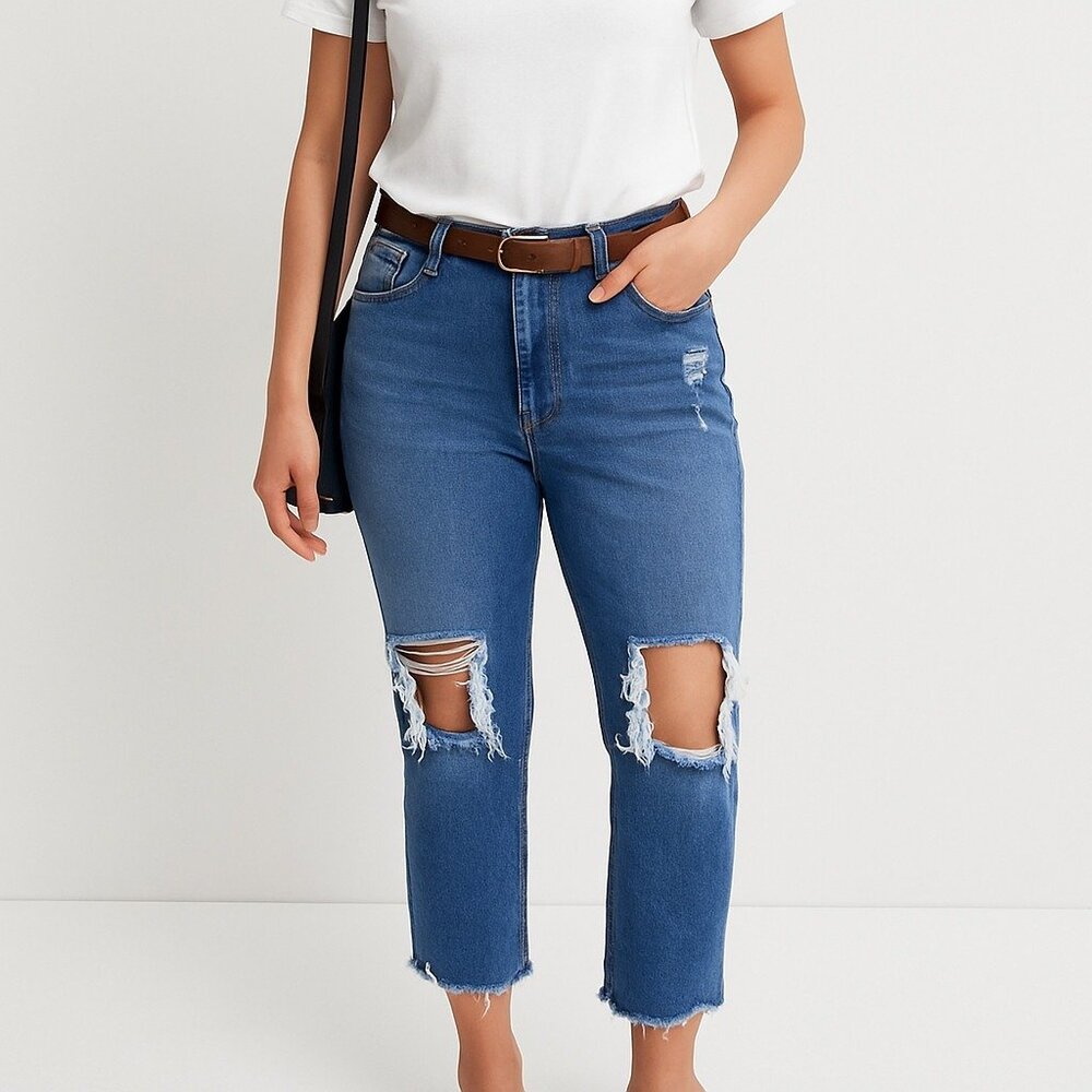 Vanilla Star Womens 20W Blue Distressed Ripped‎ Cropped Jeans Raw Hem Denim